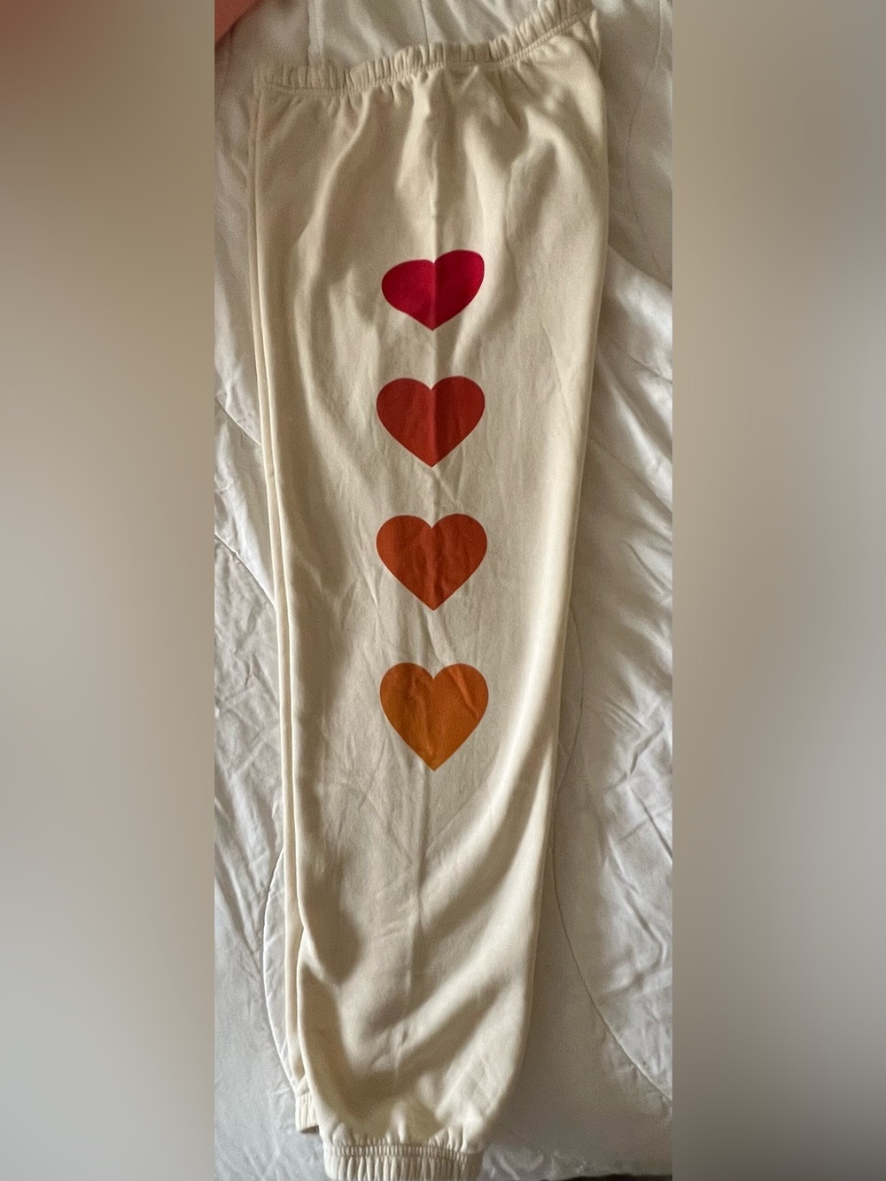 Aviator Nation Cream Sweatpants with Red to Orange Heart Print